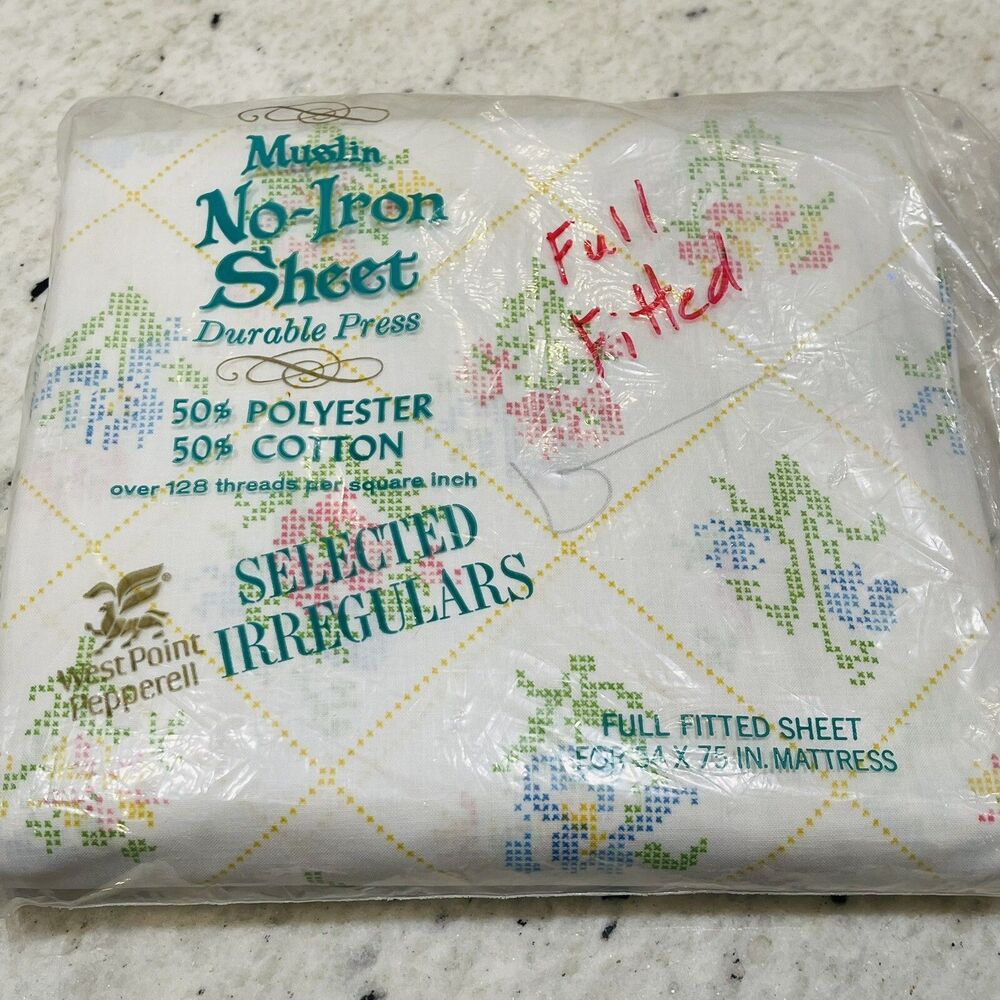 Vtg West Point Pepperell Full Fitted Sheet Floral cross stitch no Iron Muslin